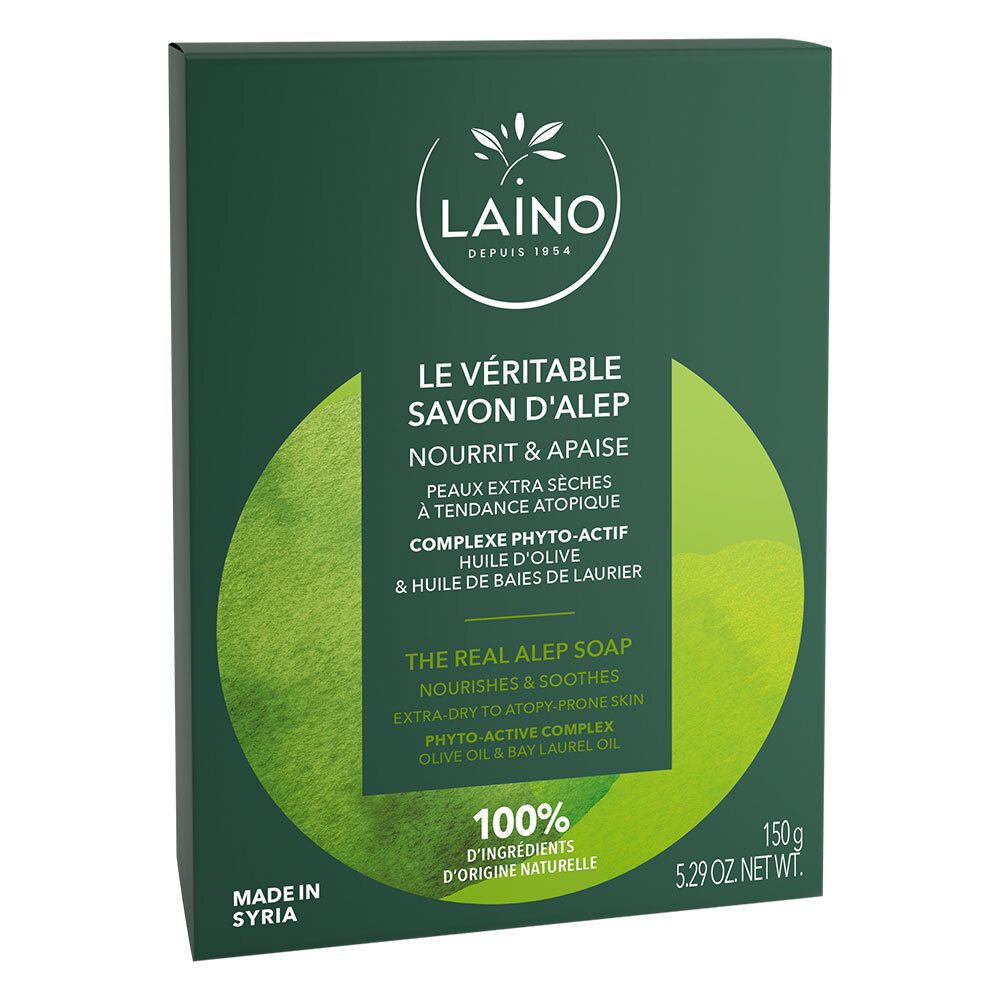 Boîte verte avec logo LAINO et informations produit. Texte en français et anglais. 150g, 5.29 oz.