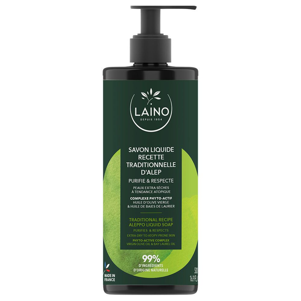 Flacon noir avec pompe. Inscription: LAINO, Savon liquide, Recette traditionnelle d'Alep. 99% d'ingrédients d'origine naturelle.