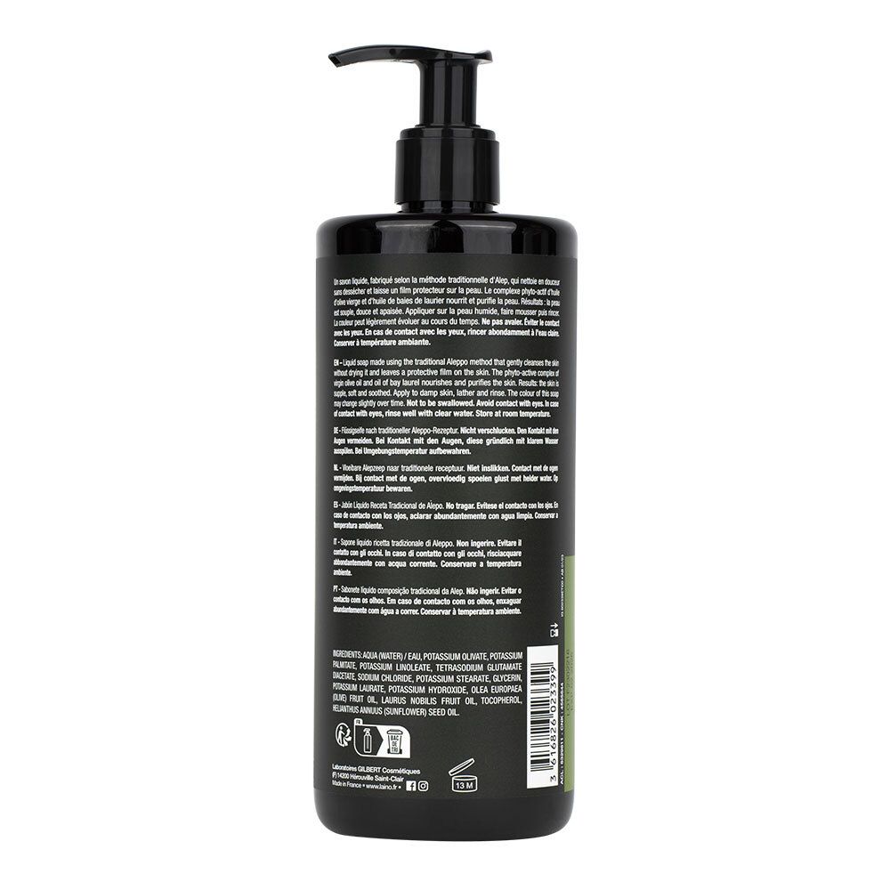 Dos du flacon noir avec texte. Contient ingrédients et instructions. Avec logo et certifications.