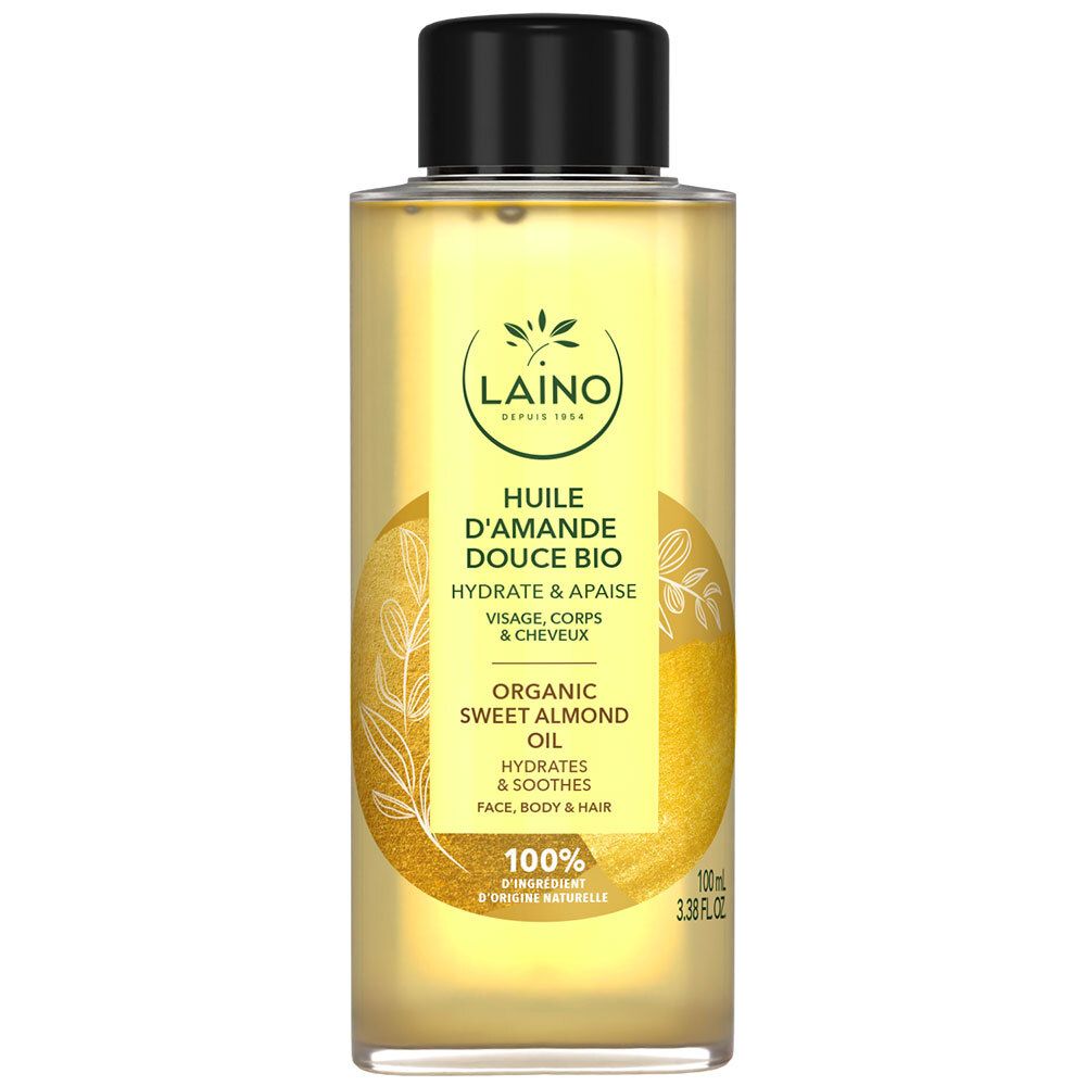LAINO Huile d’amande douce bio. Flasche mit gelbem Öl, schwarzem Deckel. Etikett mit Produktinformationen.