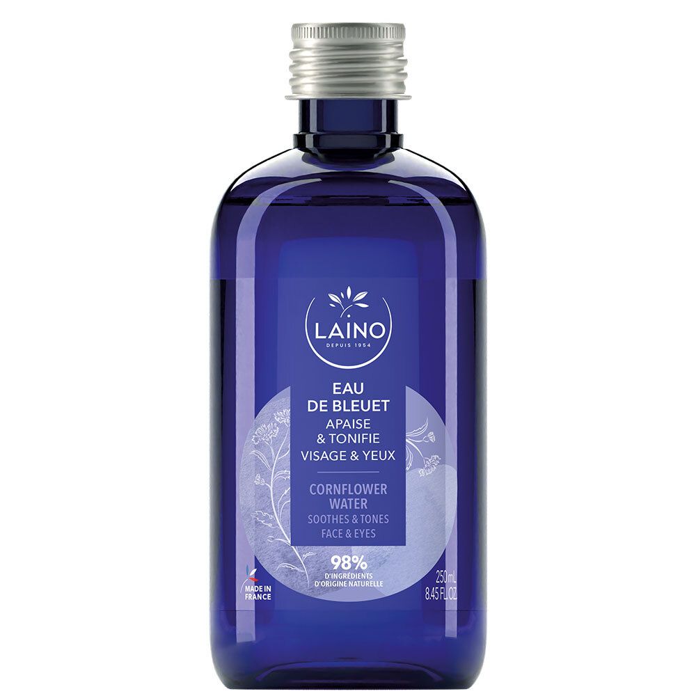 Flacon bleu de LAINO Eau de Bleuet. Texte: Apaise & Tonifie Visage & Yeux, Cornflower Water. 98% d'ingrédients d'origine naturelle. Bouchon argenté.