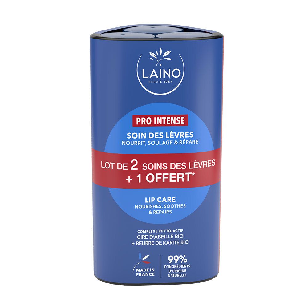 Emballage cylindrique LAINO. Texte: PRO INTENSE Soin des lèvres. Contient 2 soins des lèvres + 1 offert. Ingrédients naturels.