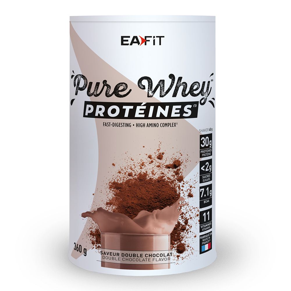 Zylinderdose mit EA FIT Pure Whey Proteines. Doppel-Schokoladen-Geschmack. Enthält 30g Protein, <2g Zucker, 7.1g BCAA, 11 Vitamine.