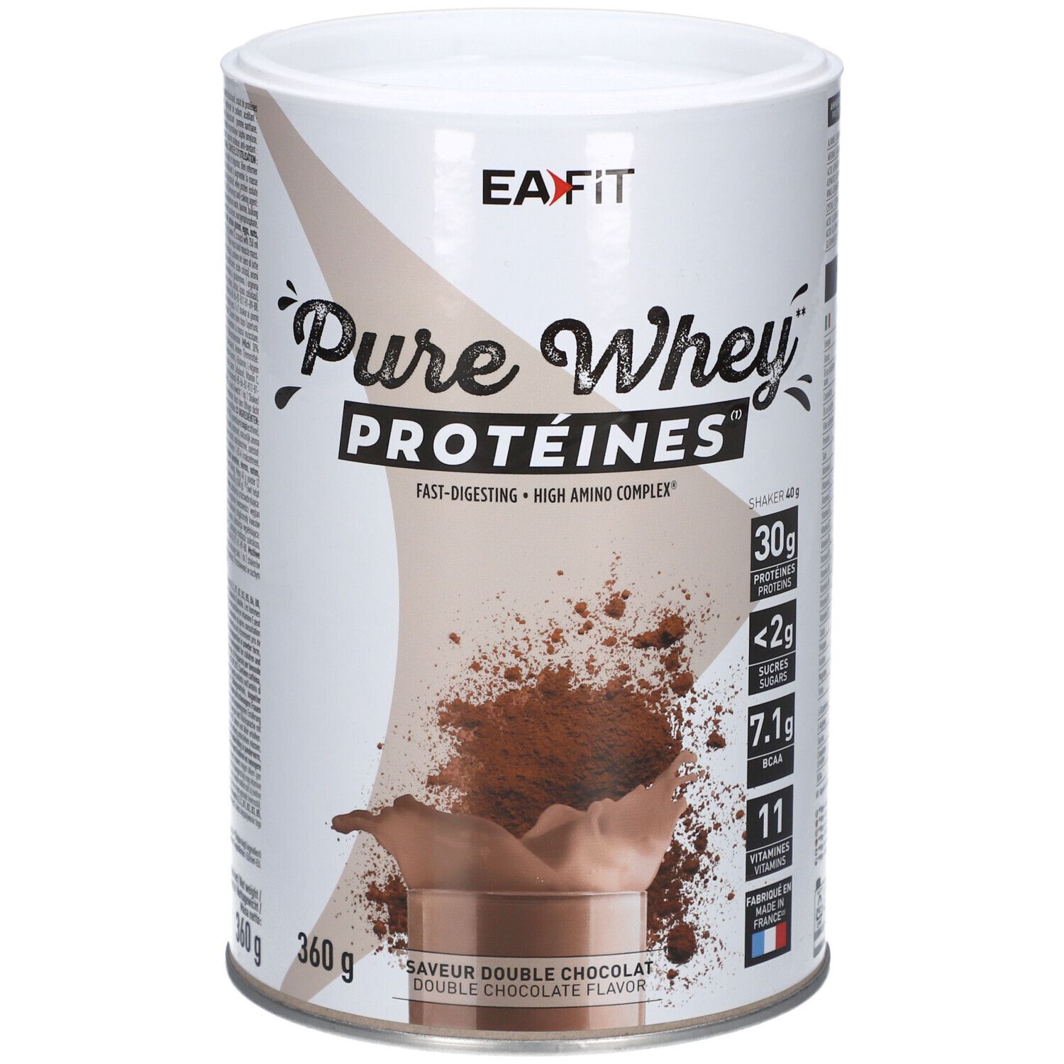 EA-FIT Pure Whey Proteine Dose. Doppel-Schoko-Geschmack. 360g. Enthält 30g Protein, <2g Zucker, 7.1g BCAA, 11 Vitamine. Französische Flagge.