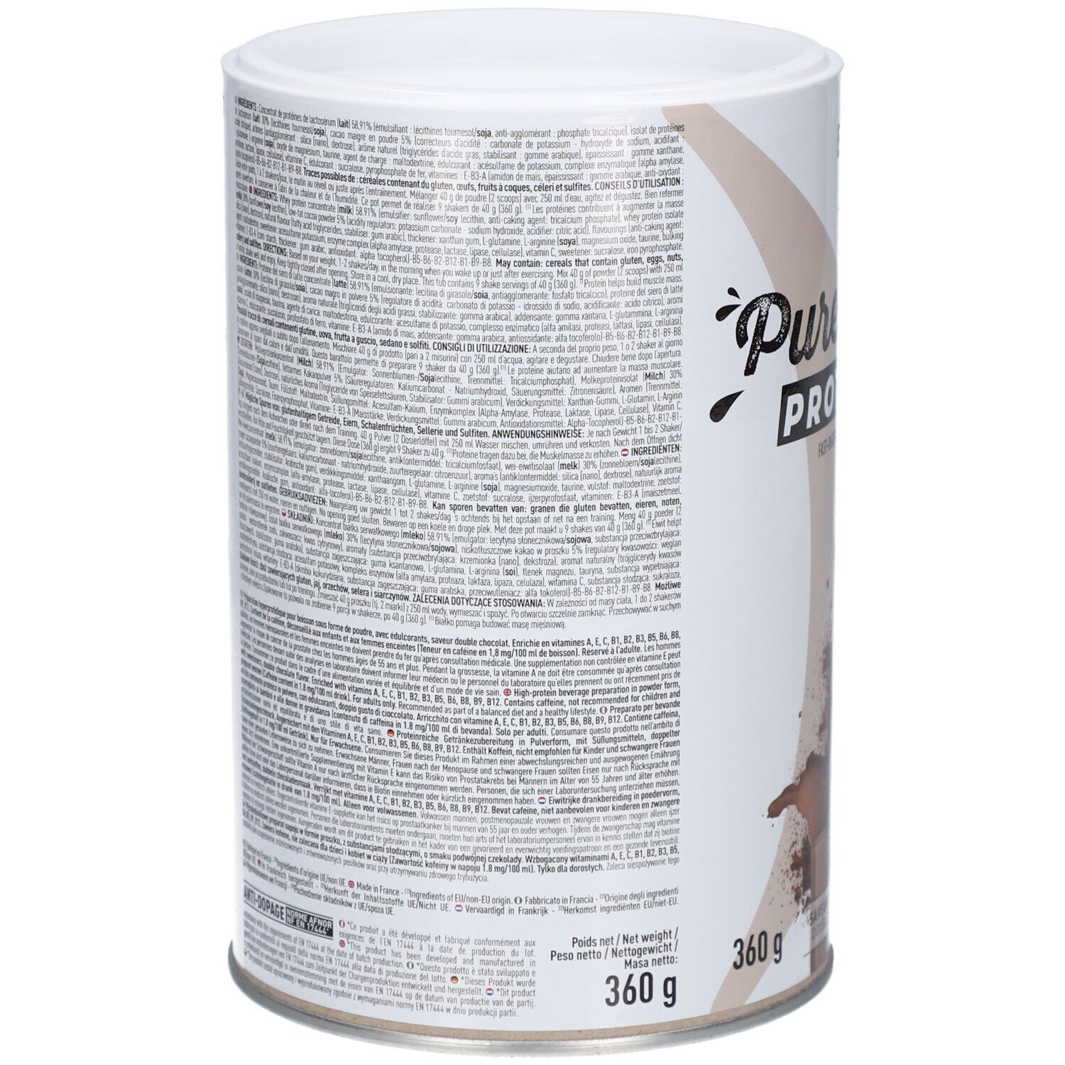 EA-FIT Pure Whey Proteine Dose. Rückseite mit Text. 360g. Enthält Nährwertangaben, Zutatenliste, Herstellerinformationen. Französische Flagge.