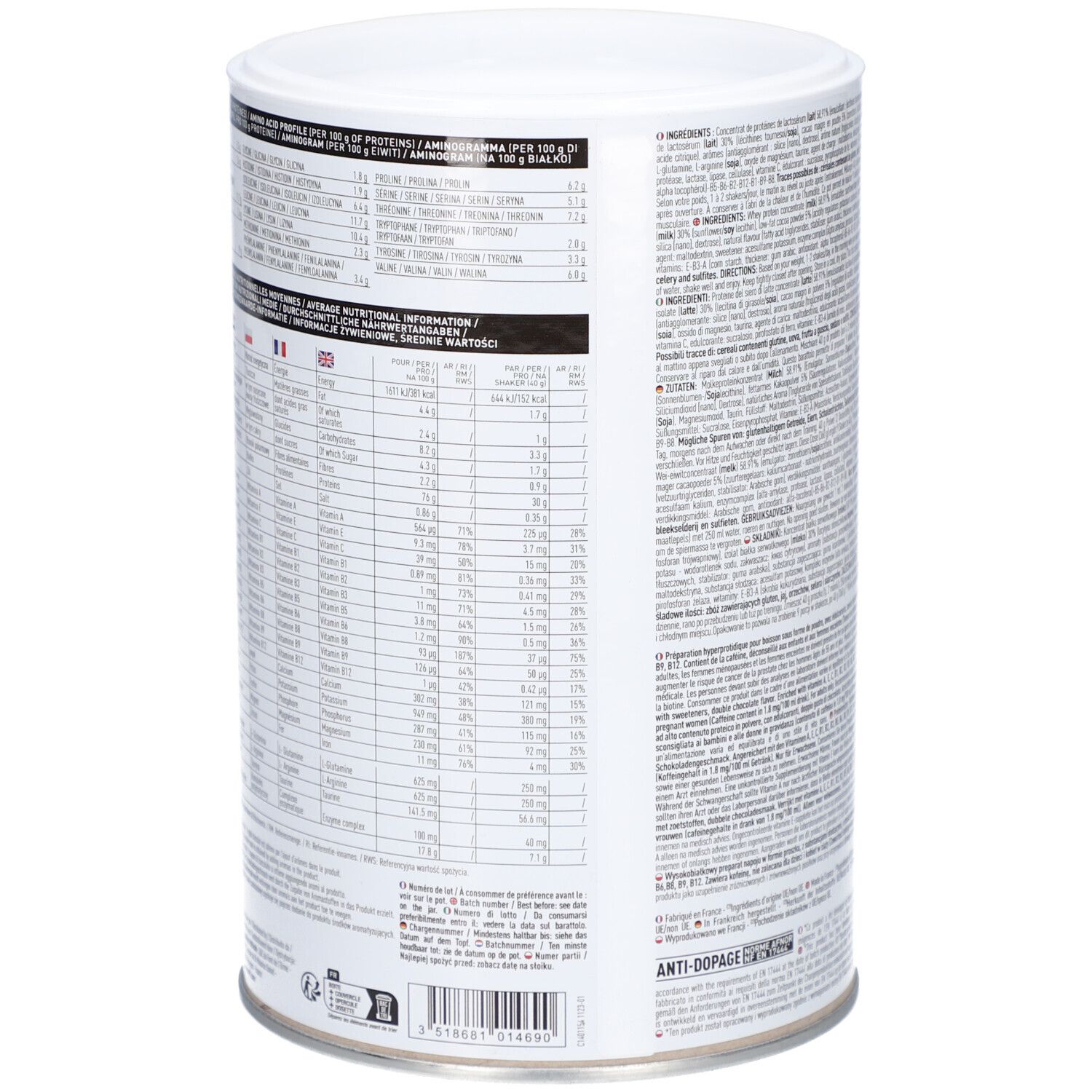 EA-FIT Pure Whey Proteine Dose. Rückseite mit Nährwertangaben. 360g. Enthält Nährwerttabelle, Zutatenliste, Herstellerinformationen. Französische Flagge.