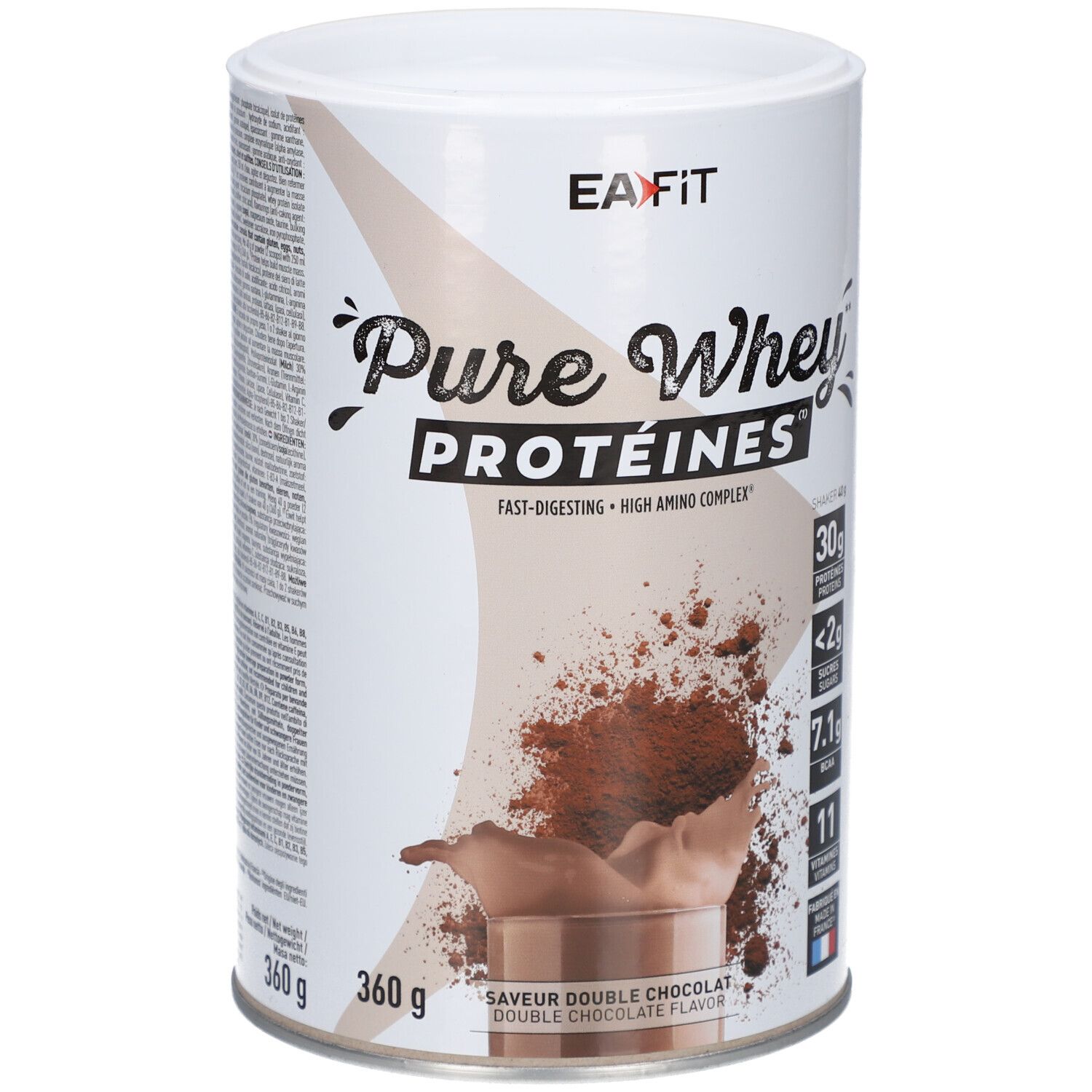 EA-FIT Pure Whey Proteine Dose. Doppel-Schoko-Geschmack. 360g. Enthält 30g Protein, <2g Zucker, 7.1g BCAA, 11 Vitamine. Französische Flagge.
