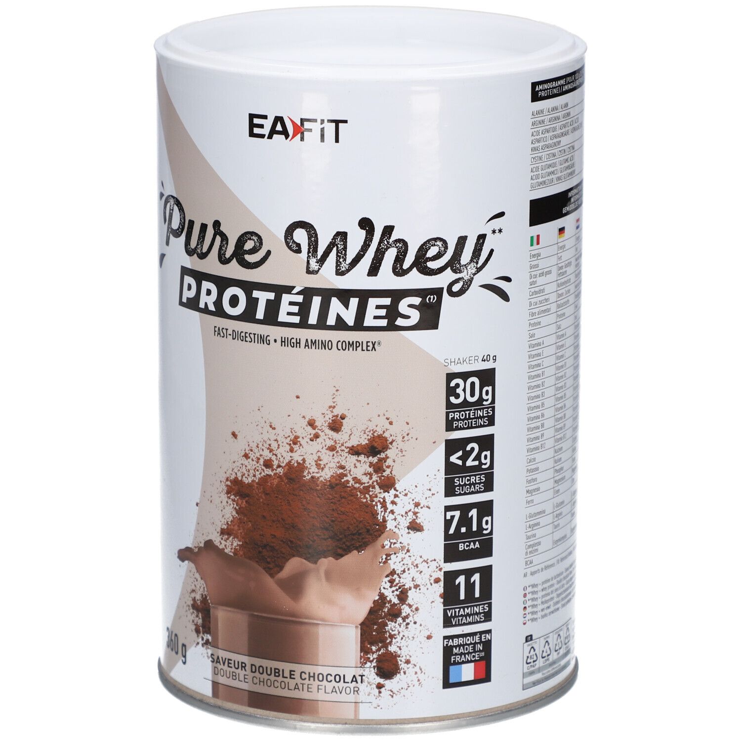 EA-FIT Pure Whey Proteine Dose. Doppel-Schoko-Geschmack. 360g. Enthält 30g Protein, <2g Zucker, 7.1g BCAA, 11 Vitamine. Französische Flagge.