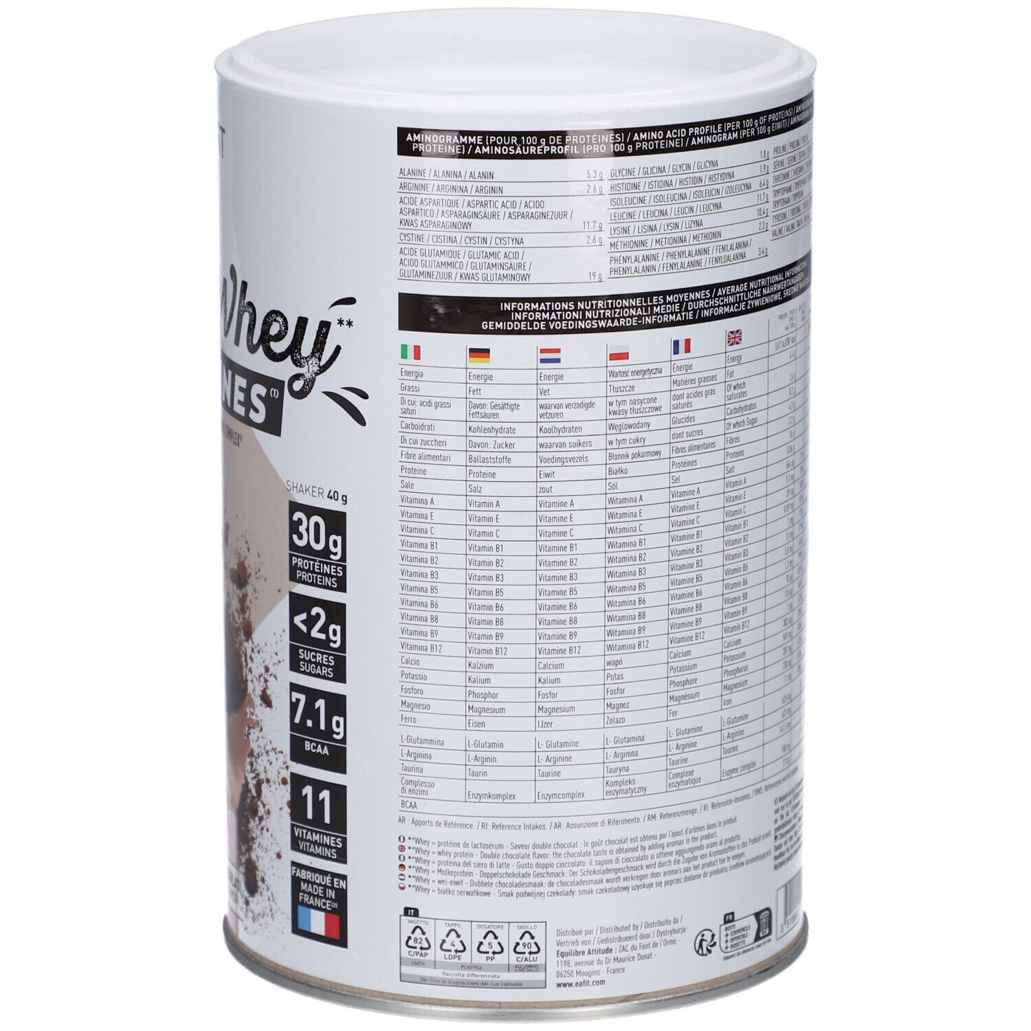 EA-FIT Pure Whey Proteine Dose. Rückseite mit Nährwertangaben. 360g. Enthält Nährwerttabelle, Zutatenliste, Herstellerinformationen. Französische Flagge.