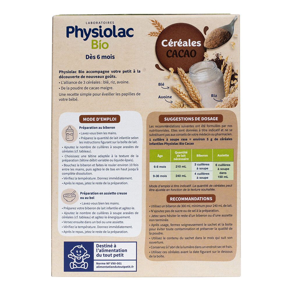 Rückseite der Verpackung von Physiolac Bio Céréales Cacao. Informationen zur Zubereitung und Dosierung. Mit AB-Bio-Siegel.
