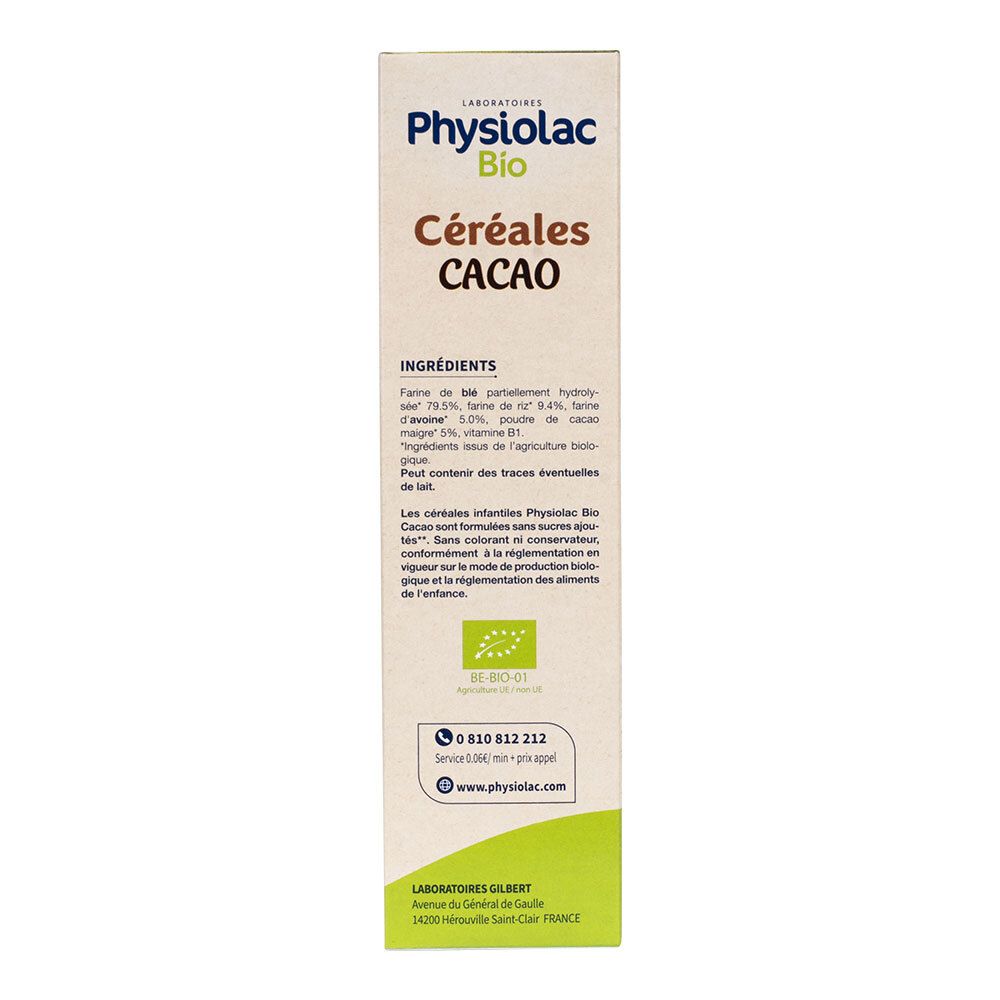 Seitenansicht der Verpackung von Physiolac Bio Céréales Cacao. Zutatenliste. Mit AB-Bio-Siegel. Kontaktinformationen.