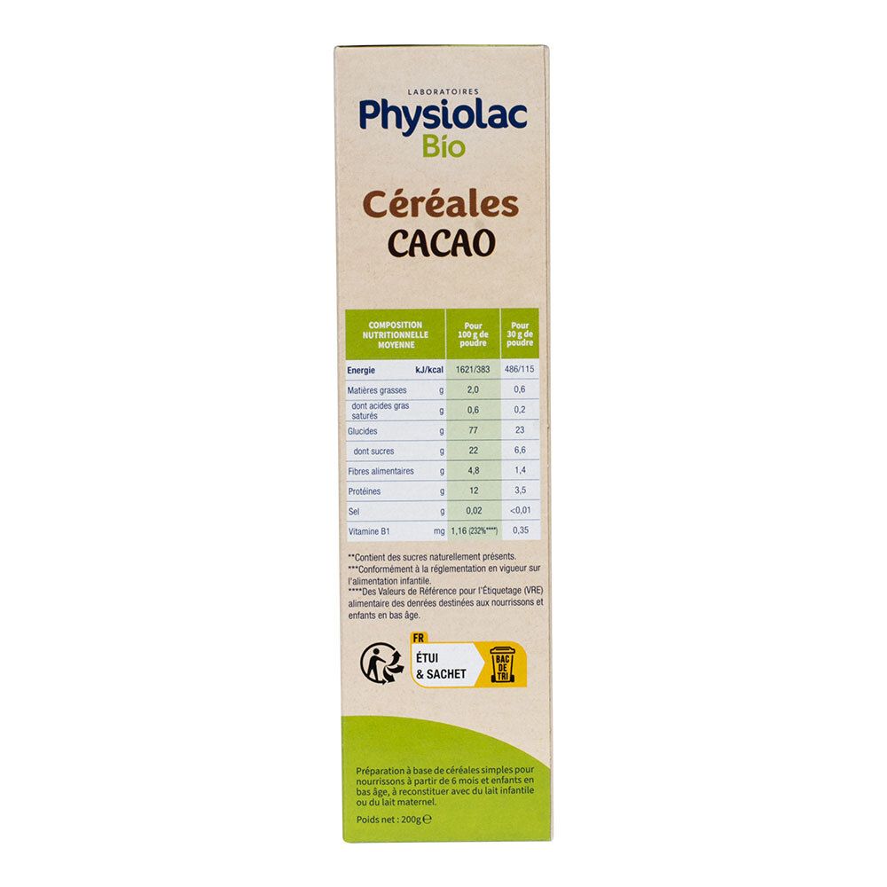Seitenansicht der Verpackung von Physiolac Bio Céréales Cacao. Nährwerttabelle. Mit AB-Bio-Siegel. Informationen.