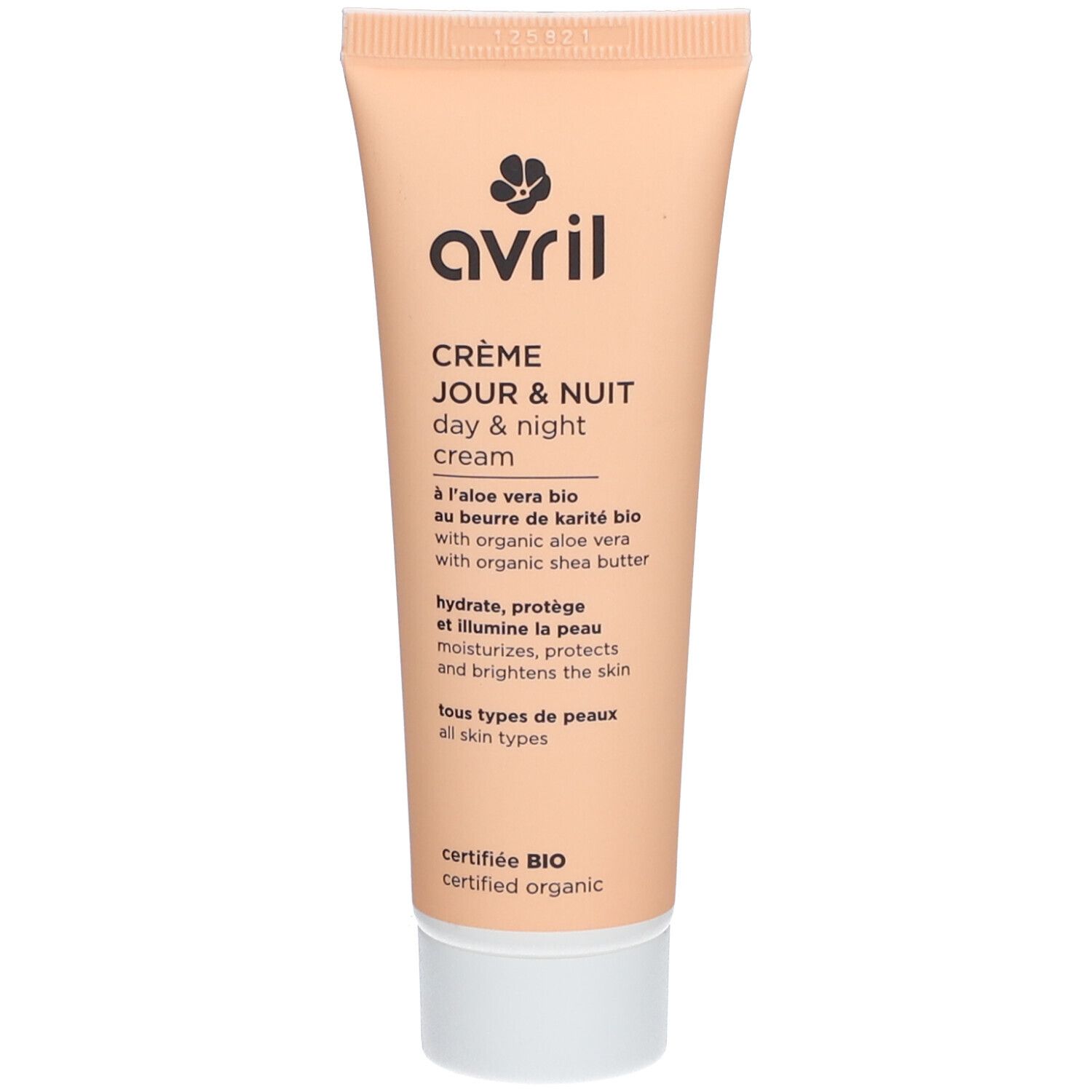 Beigefarbene Tube mit "Avril"-Logo und Text. "Crème Jour & Nuit" und "Certifié BIO" sind sichtbar.