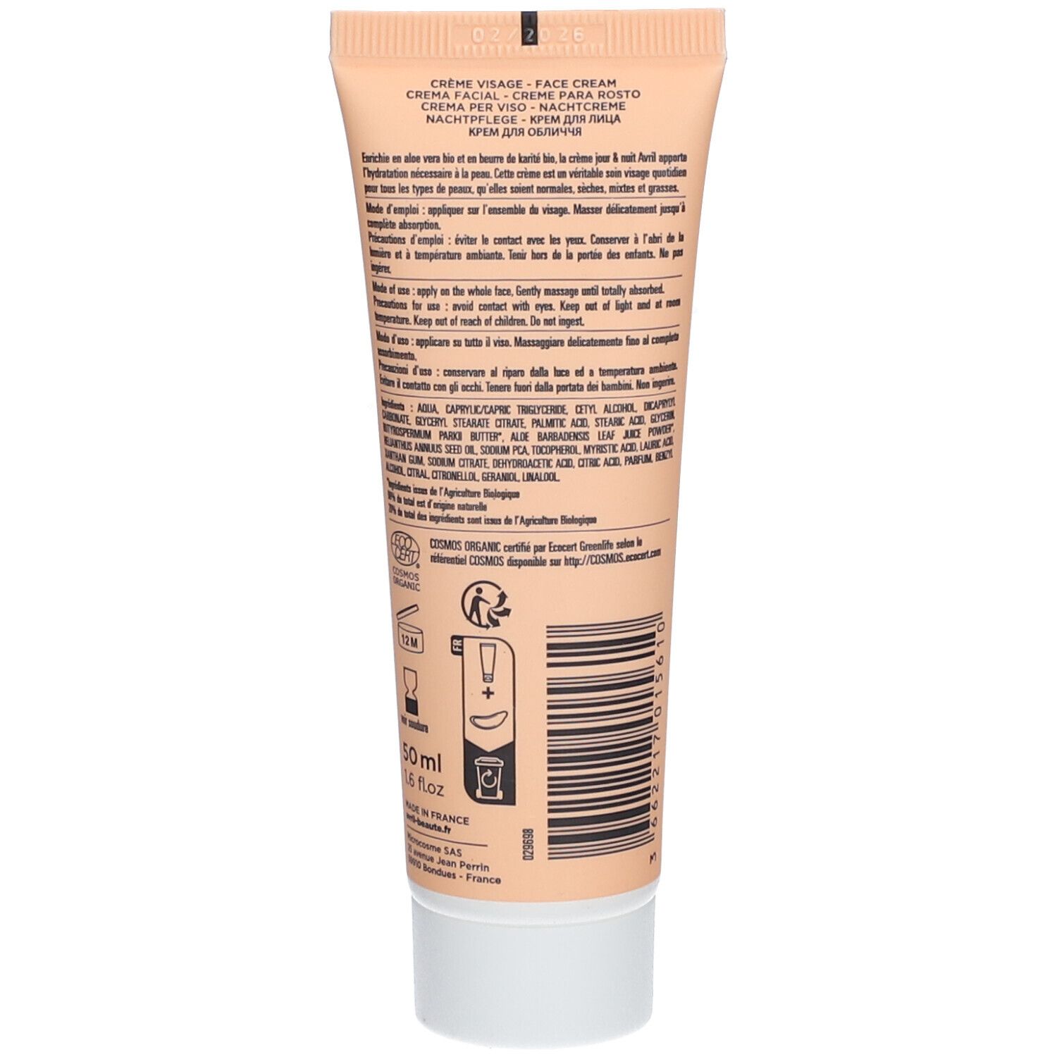 Rückseite einer beigefarbenen Tube. Text in mehreren Sprachen, darunter "Crème Visage" und "50ml".