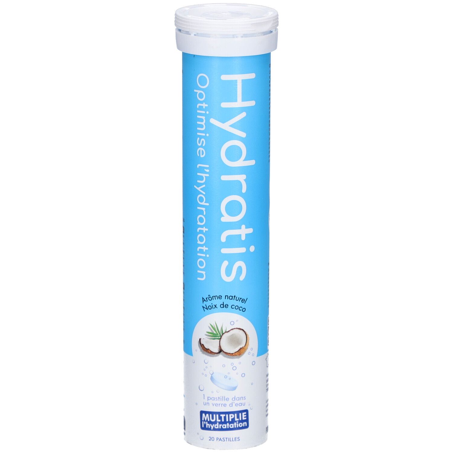 Tube cylindrique de comprimés. Inscription: Hydratis, Optimise l'hydratation, Arôme naturel noix de coco. Illustration: noix de coco.