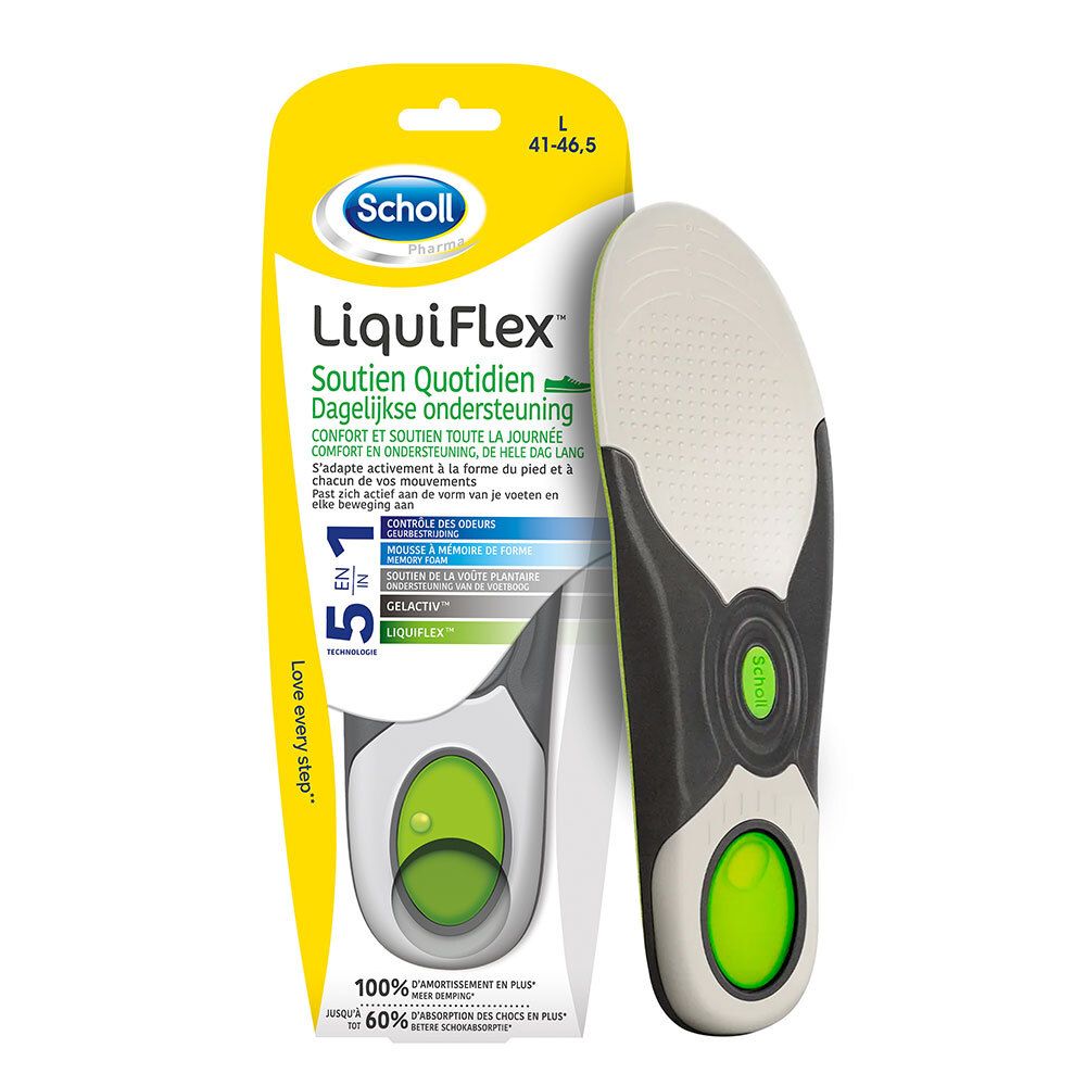 Scholl Einlegesohlen LiquiFlex. Verpackung mit Einlegesohle und Produktinformationen. Größe L 41-46,5.