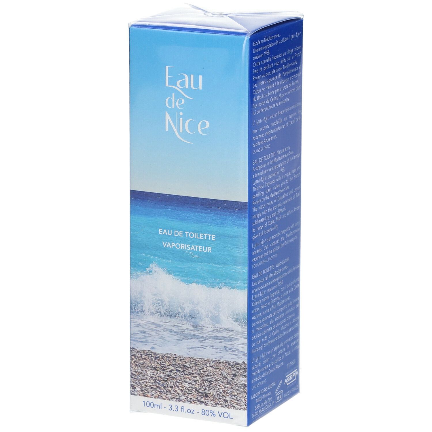 Blau-weiße Verpackung von Eau de Nice Eau de Toilette Vaporisateur. Vorderseite mit Strandmotiv und Produktbezeichnung.