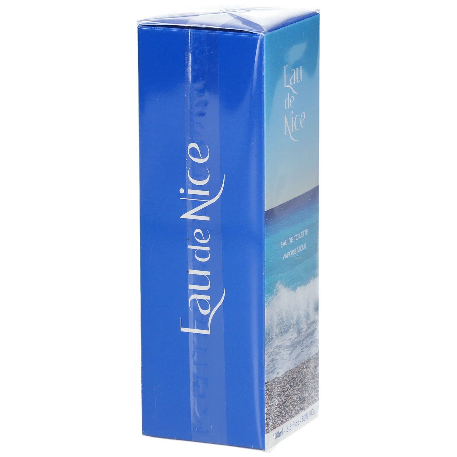 Blaue Verpackung von Eau de Nice Eau de Toilette Vaporisateur. Seitlich steht Eau de Nice in weißer Schrift.