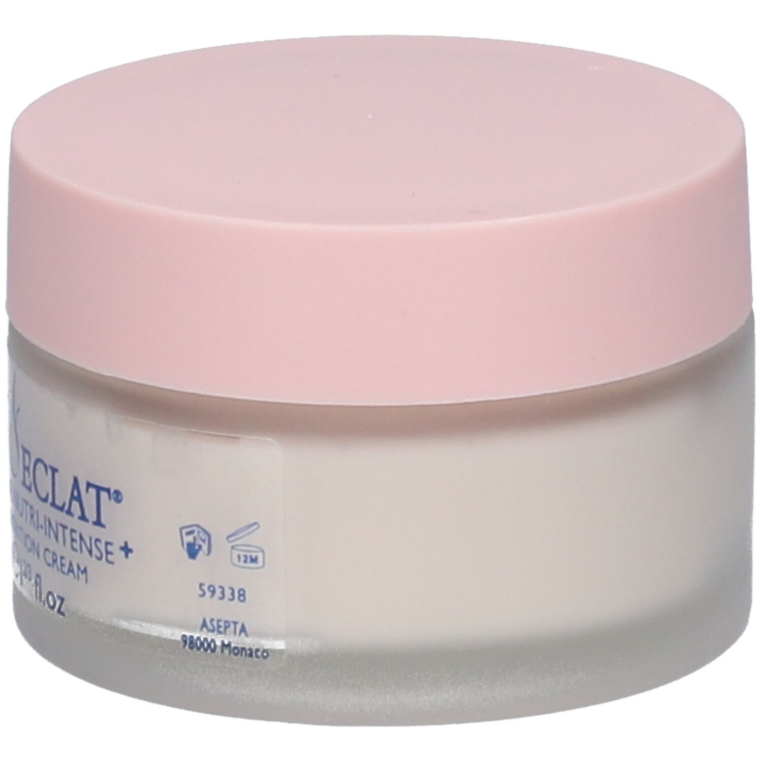 Pot de crème avec couvercle rose. Inscription: Coup d'Éclat Crème Riche Nutri-Intense+. 50 ml.
