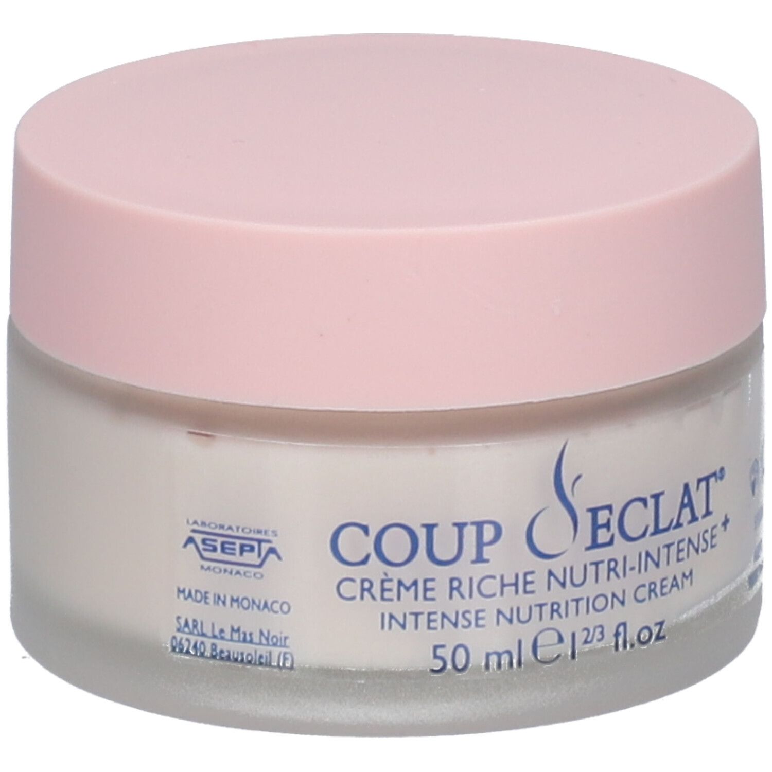 Pot de crème avec couvercle rose. Inscription: Coup d'Éclat Crème Riche Nutri-Intense+. 50 ml.