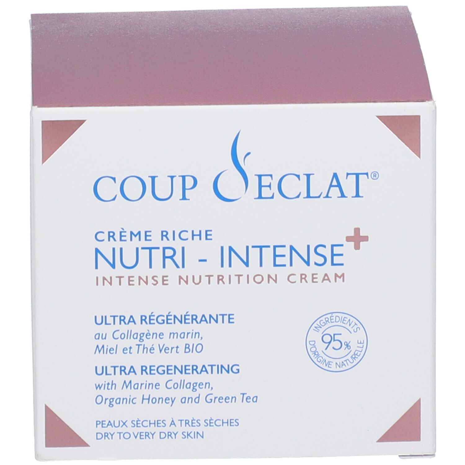 Boîte. Inscription: Coup d'Éclat Crème Riche Nutri-Intense+. 95% ingrédients naturels.