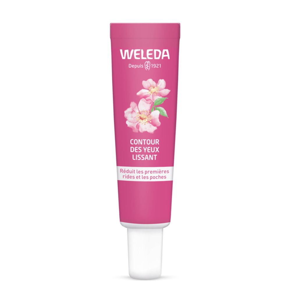 Tube rose avec bouchon blanc. Inscription: WELEDA, Contour des Yeux Lissant. Illustration florale.