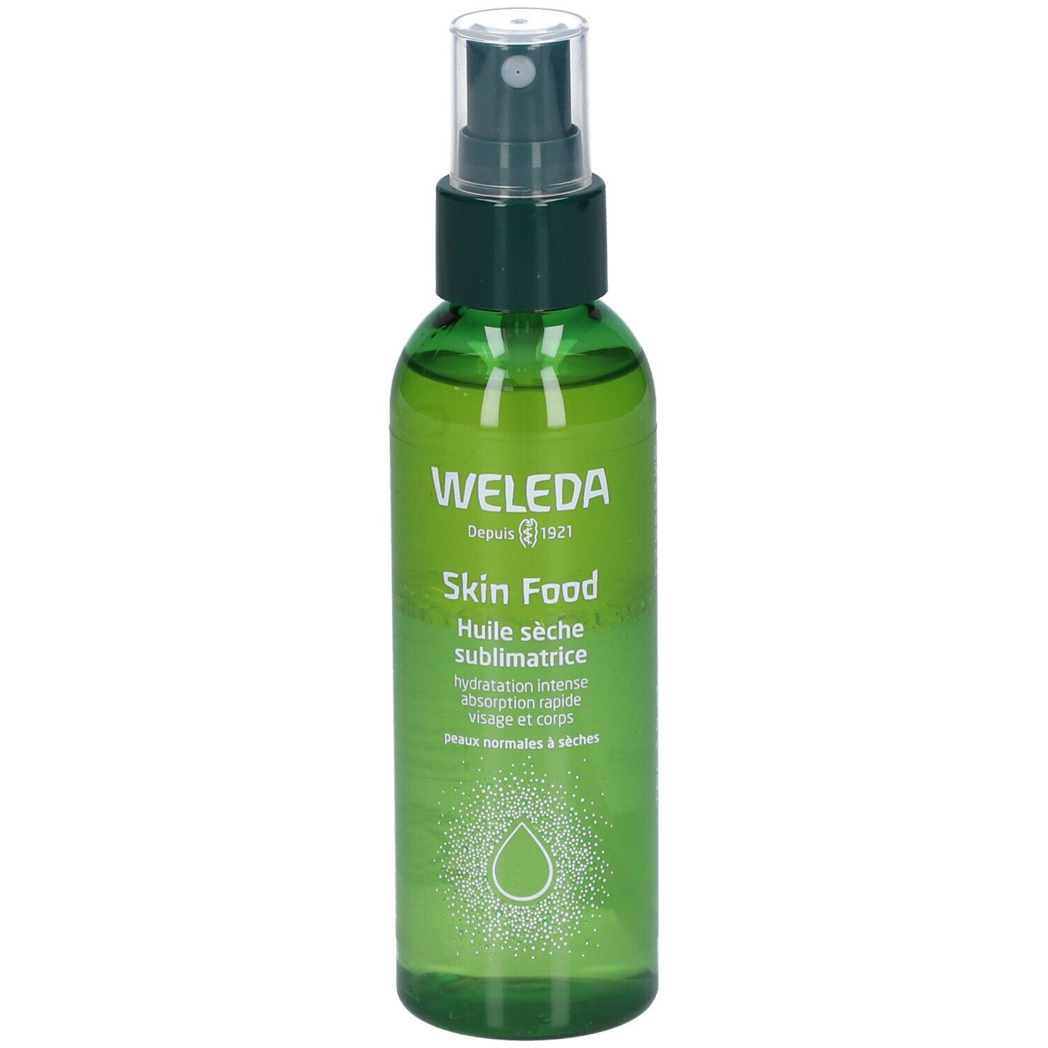 Flacon spray vert WELEDA Skin Food. Liquide clair, bouchon vert. Texte: Huile sèche sublimatrice.