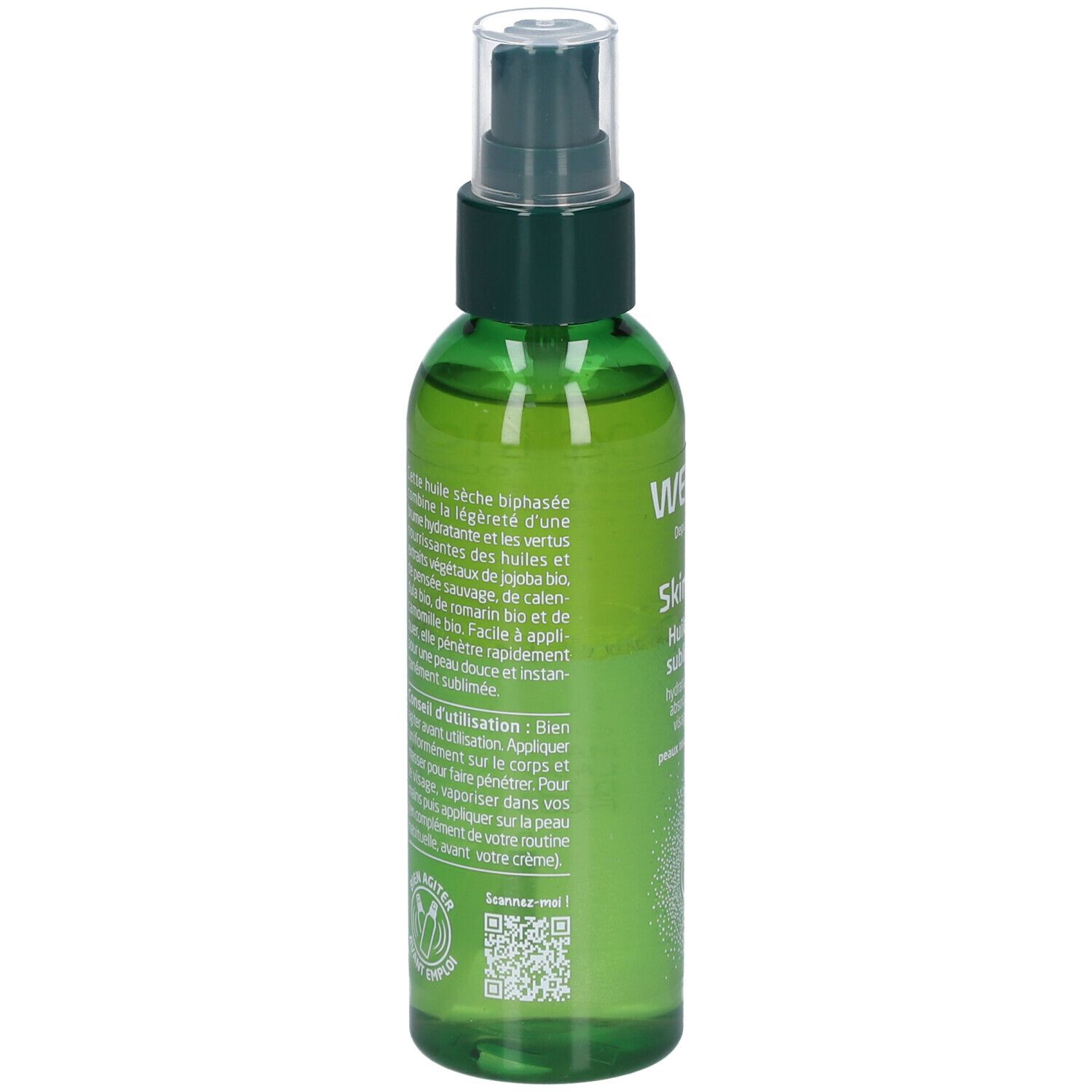 Dos du flacon spray vert. Texte et QR code. Nom du produit: WELEDA Skin Food Huile sèche sublimatrice.