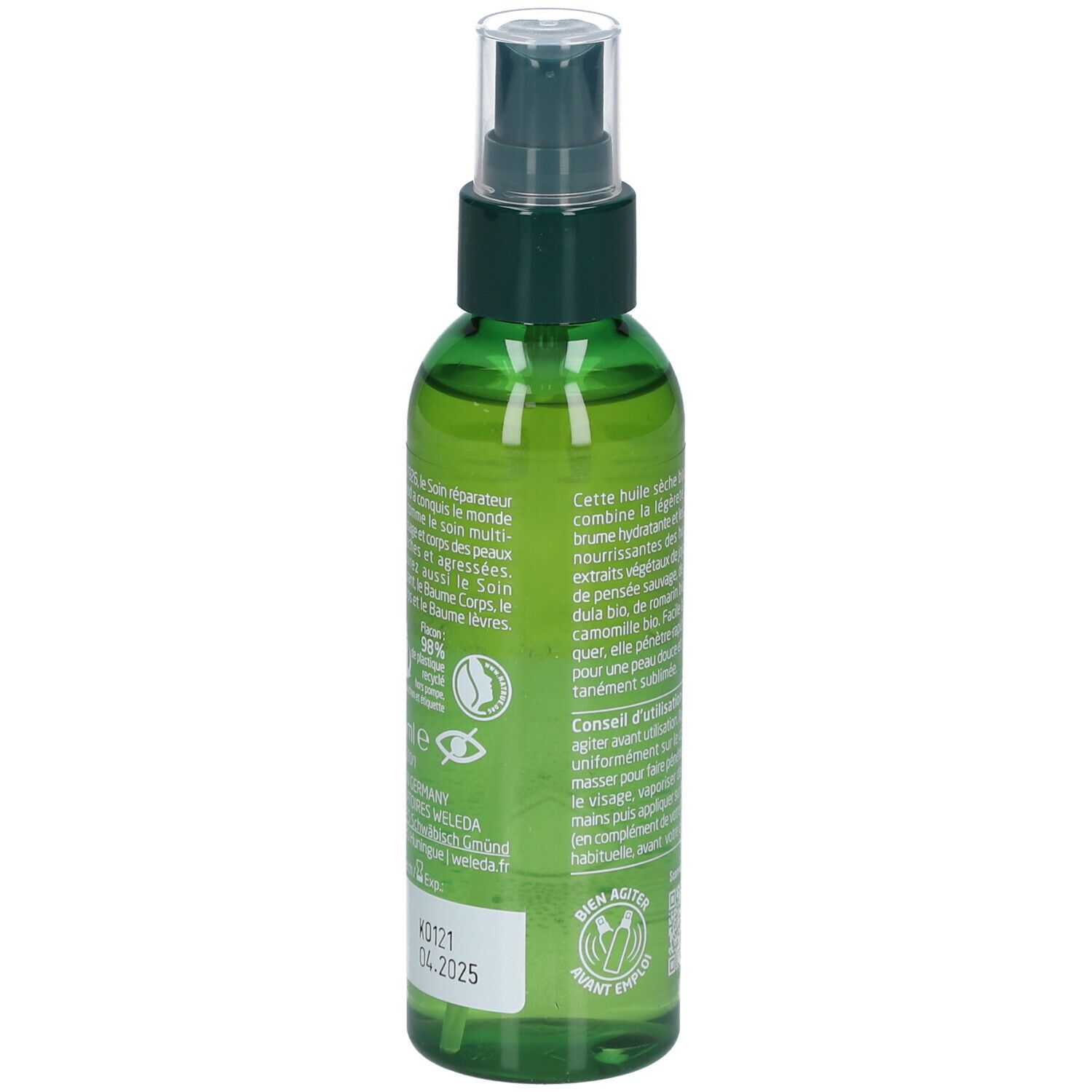 Dos du flacon spray vert. Texte et logos. Nom du produit: WELEDA Skin Food Huile sèche sublimatrice.
