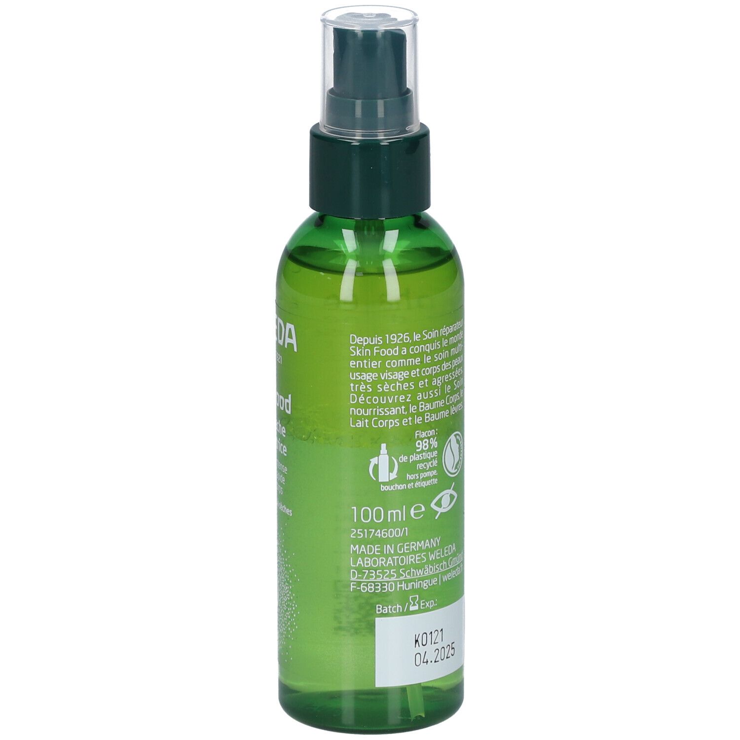 Flacon spray vert avec texte. Nom du produit: WELEDA Skin Food Huile sèche sublimatrice. 100 ml. Fabriqué en Allemagne.