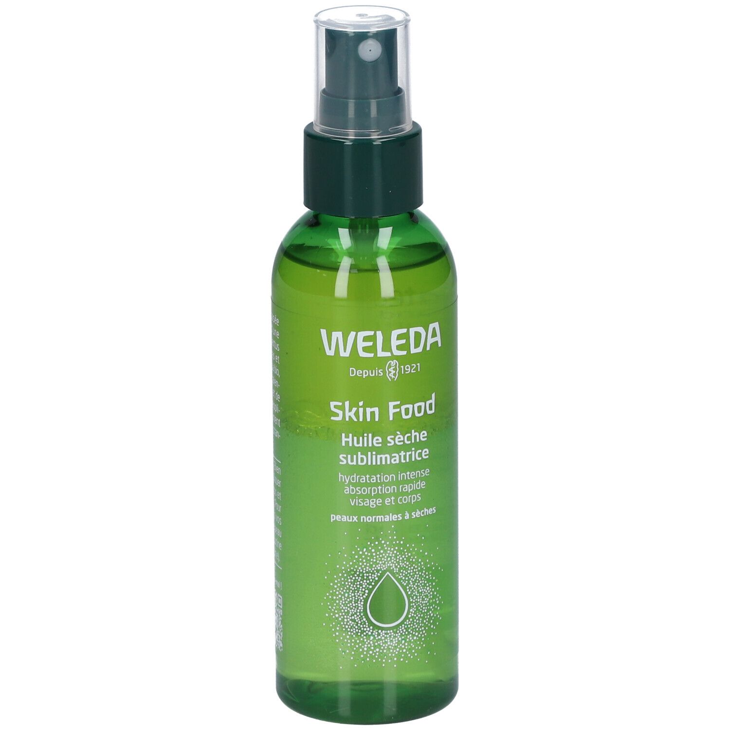 Flacon spray vert WELEDA Skin Food. Liquide clair, bouchon vert. Texte: Huile sèche sublimatrice.