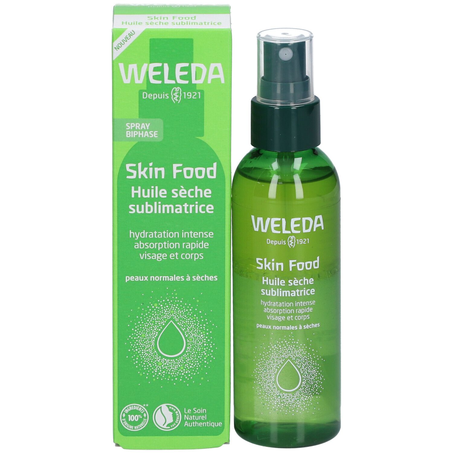 WELEDA Skin Food Huile sèche sublimatrice et emballage. Flacon et boîte verts. Texte sur les deux.