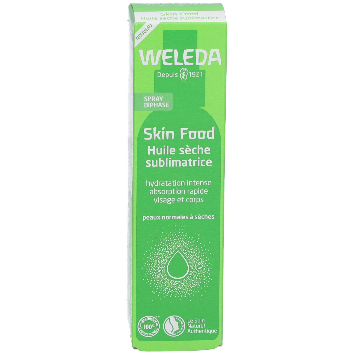 Emballage vert avec WELEDA Skin Food Huile sèche sublimatrice. Texte et logos. Écriture blanche.