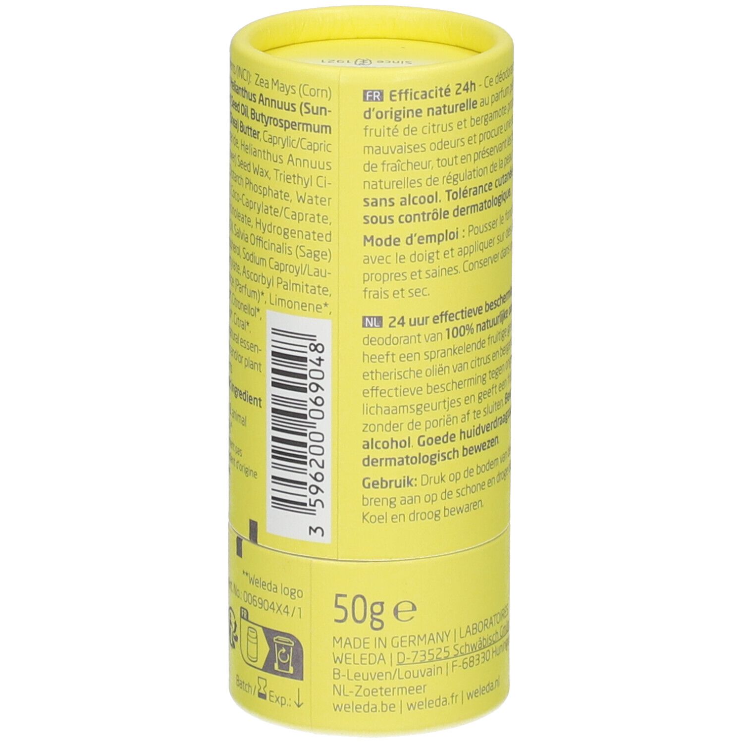 Zylindrische Verpackung. Gelb mit Text. Inhaltsstoffe, 50g, hergestellt in Deutschland. Vegan, tierfreundlich. Chargennummer.