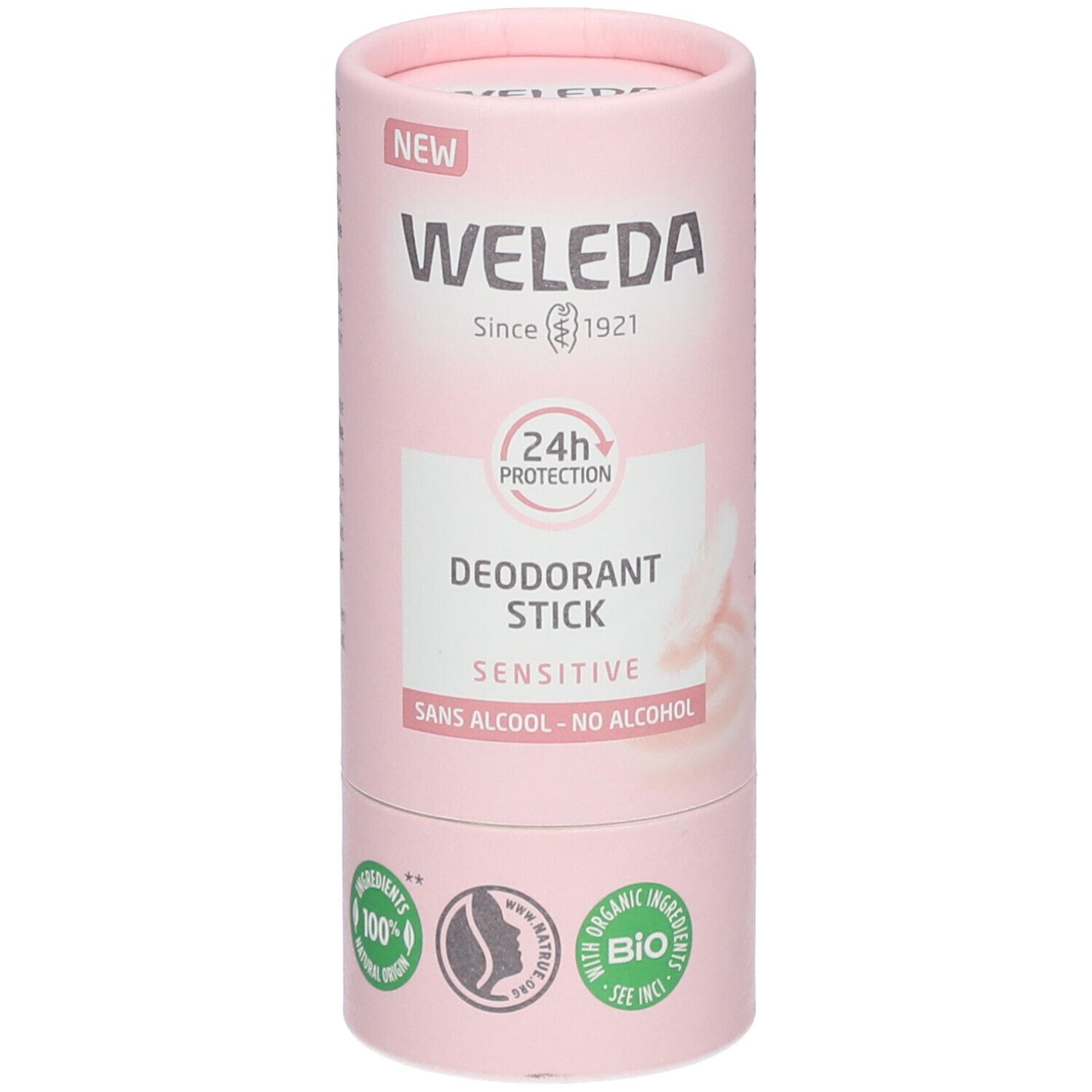 Emballage cylindrique rose. Haut : "NEW", "WELEDA Since 1921". Milieu : "24H PROTECTION", "DEODORANT STICK SENSITIVE". Bas : "SANS ALCOOL - NO ALCOHOL".