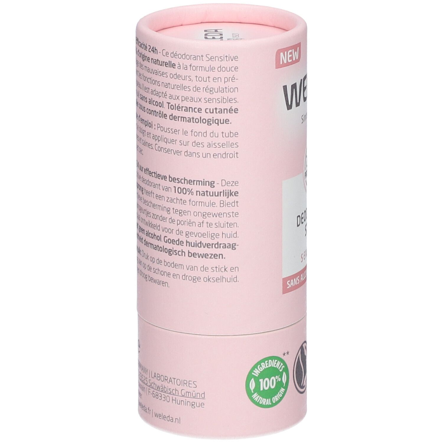 Emballage cylindrique rose. Texte en français et néerlandais. Bas : "100% natural origin" et logo. Côté : "WELEDA" et logo.