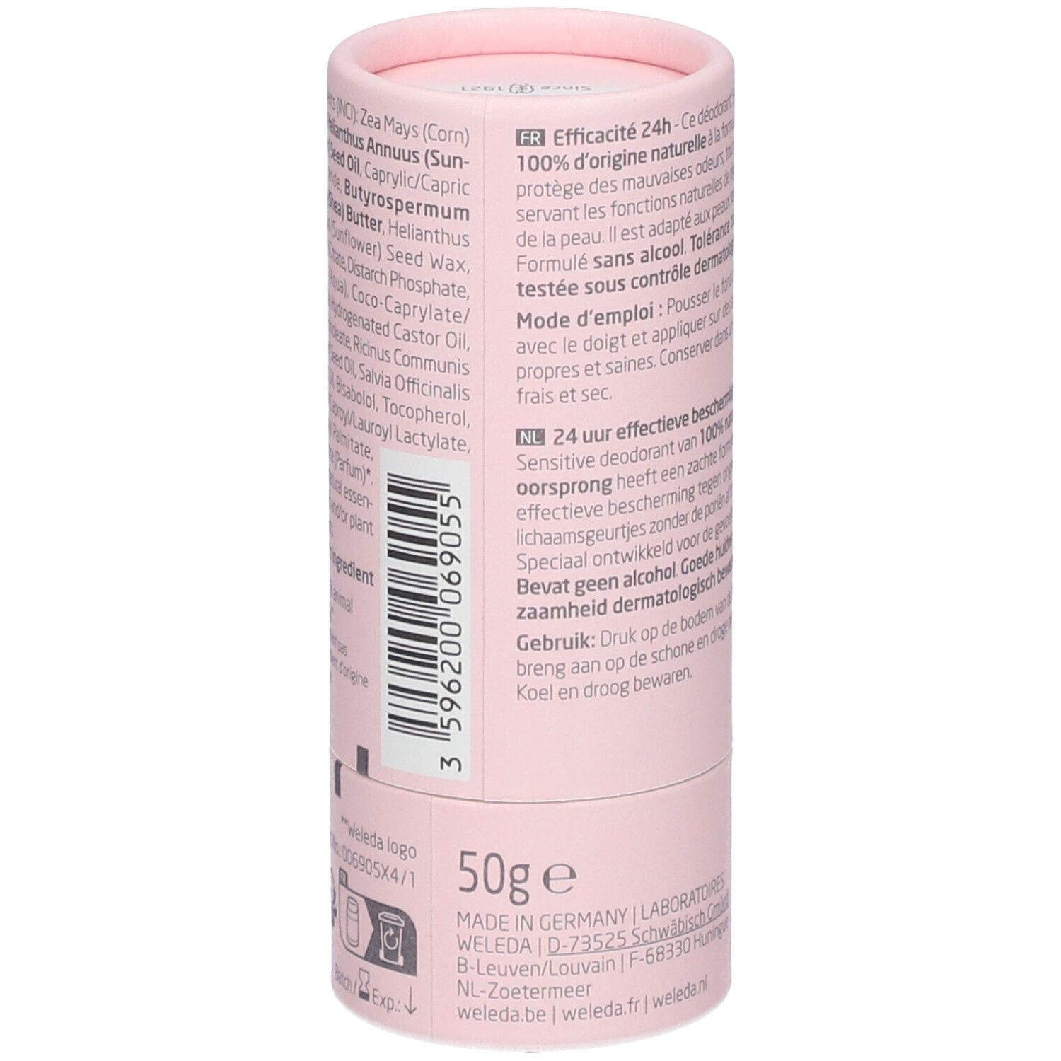 Emballage cylindrique rose. Texte en français et néerlandais. Bas : "50g E", "MADE IN GERMANY". Côté : ingrédients, logo.