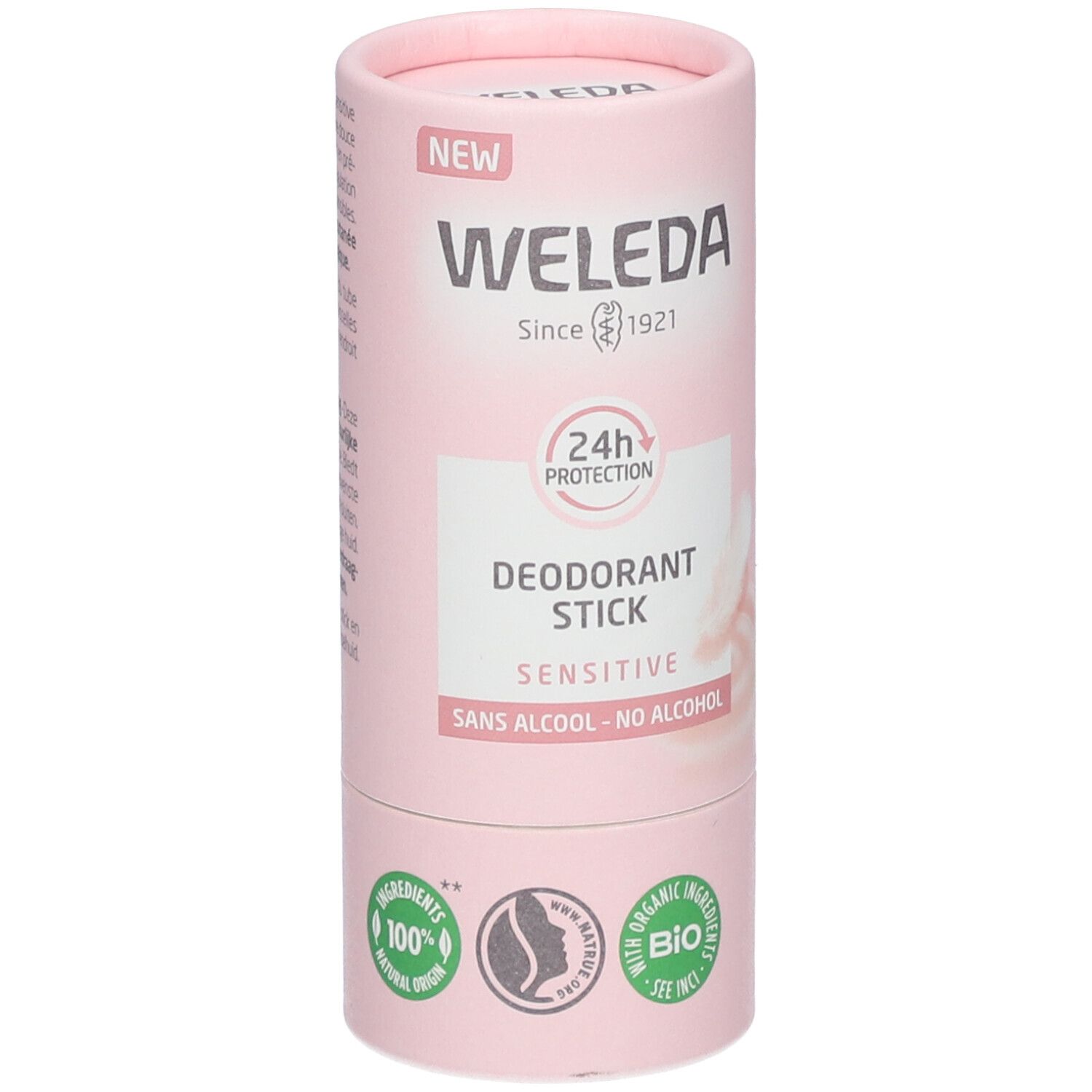 Emballage cylindrique rose. Haut : "NEW", "WELEDA Since 1921". Milieu : "24H PROTECTION", "DEODORANT STICK SENSITIVE". Bas : logos.
