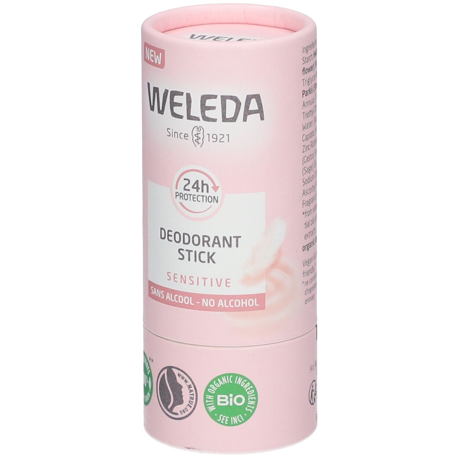 Emballage cylindrique rose. Haut : "NEW", "WELEDA Since 1921". Milieu : "24H PROTECTION", "DEODORANT STICK SENSITIVE". Bas : logos.