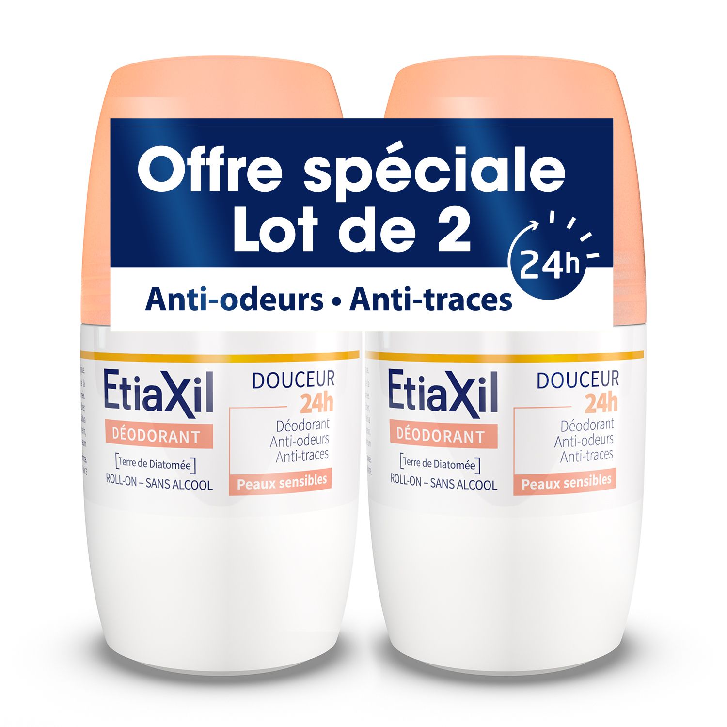 Zwei ETIAXIL Roll-On Deodorants. Spezielle Packung mit der Aufschrift „Lot de 2“. Anti-Geruch und Anti-Flecken.