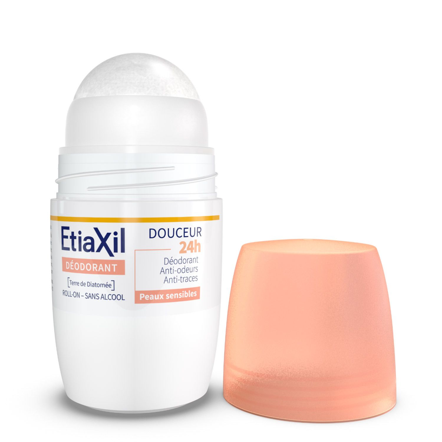ETIAXIL Roll-On Deodorant. Weißes Fläschchen mit rosa Kappe. Aufschrift „Douceur 24h“. Ohne Alkohol.
