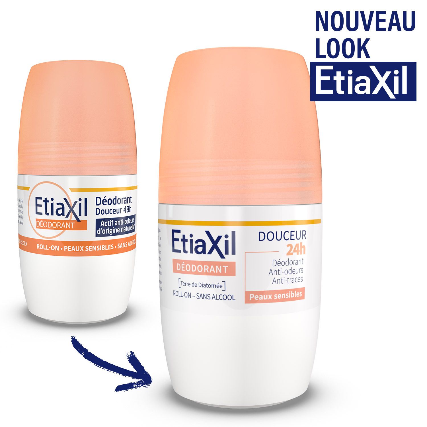 Zwei ETIAXIL Roll-On Deodorants. Aufschrift „Douceur 24h“. Einmal mit Pfeil markiert.
