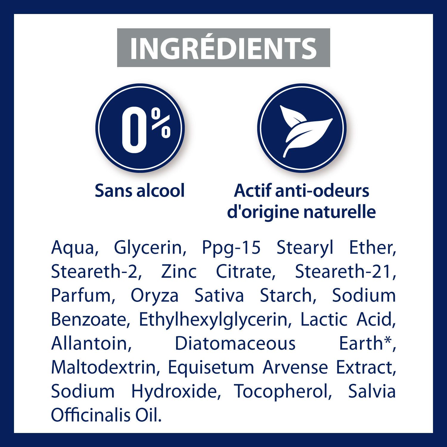 Zutatenliste. 0% Alkohol. Natürliche Inhaltsstoffe. Aqua, Glycerin, etc. Blaue Kreise mit Symbolen.