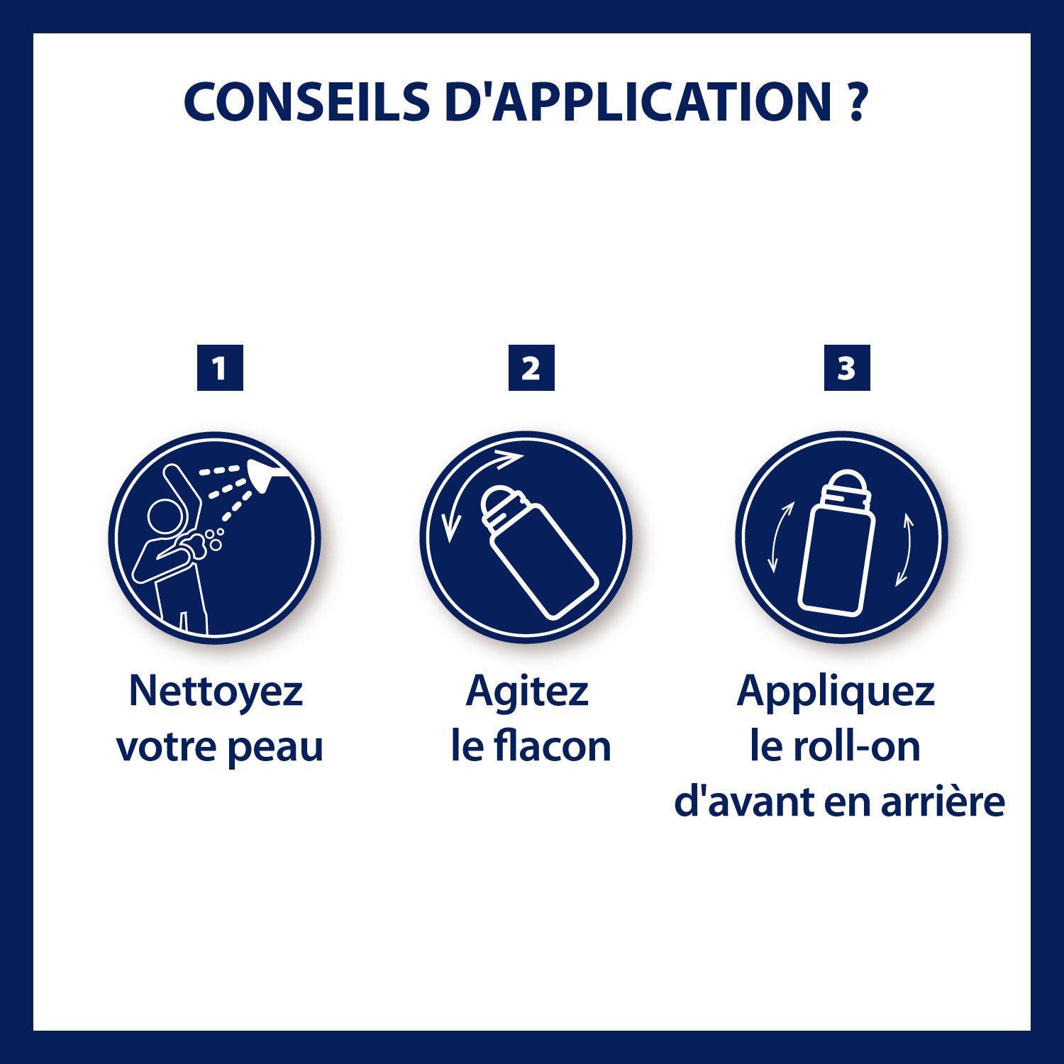 Anwendungshinweise. 3 Schritte: Haut reinigen, Flasche schütteln, Roll-on auftragen. Blaue Kreise.