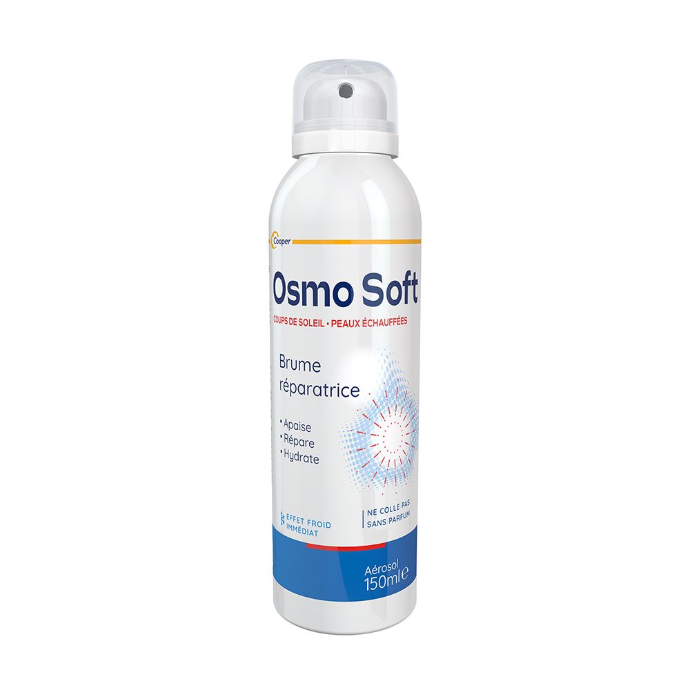 Osmo Soft Brume Réparatrice. Flacon blanc avec étiquette bleue et jaune. Texte : « Coups de soleil, peaux échauffées ».