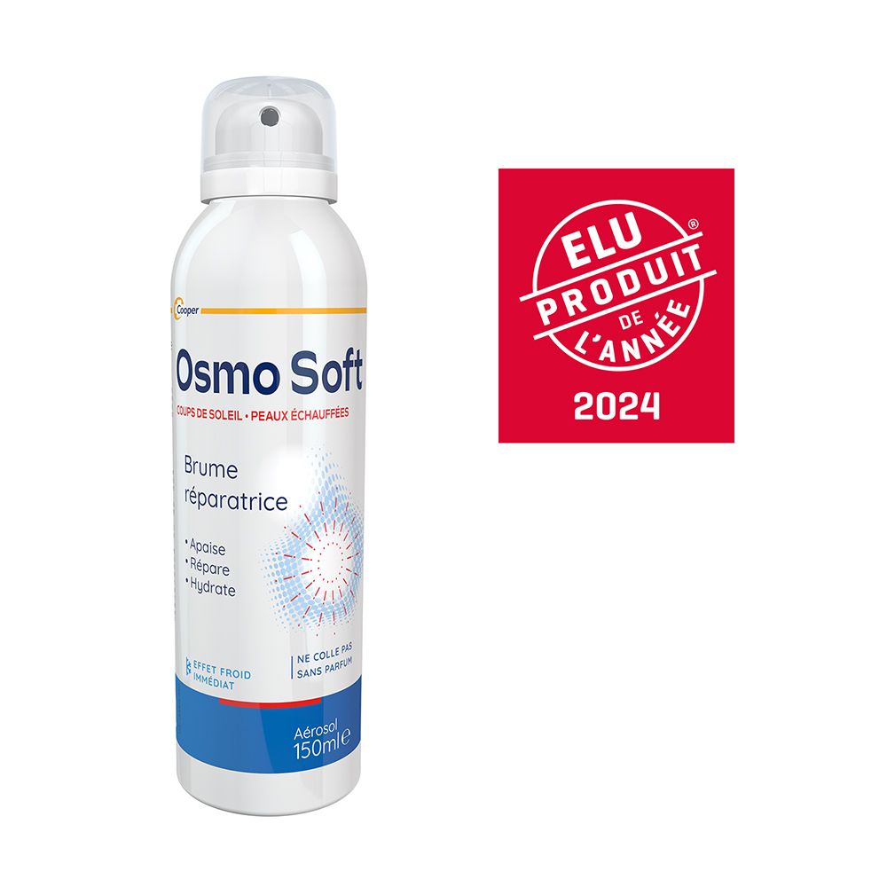Osmo Soft Brume Réparatrice. Flacon blanc avec label rouge « Elu Produit de l'année 2024 ». Texte : « Coups de soleil, peaux échauffées ».