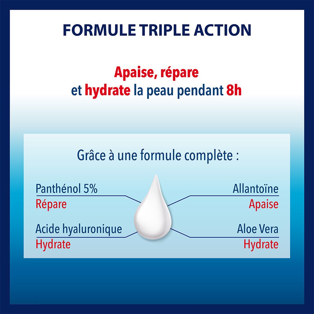 Infographie bleue. Texte : « Apaise, répare et hydrate la peau pendant 8h ». Ingrédients : Panthénol, Allantoïne, Aloe Vera.