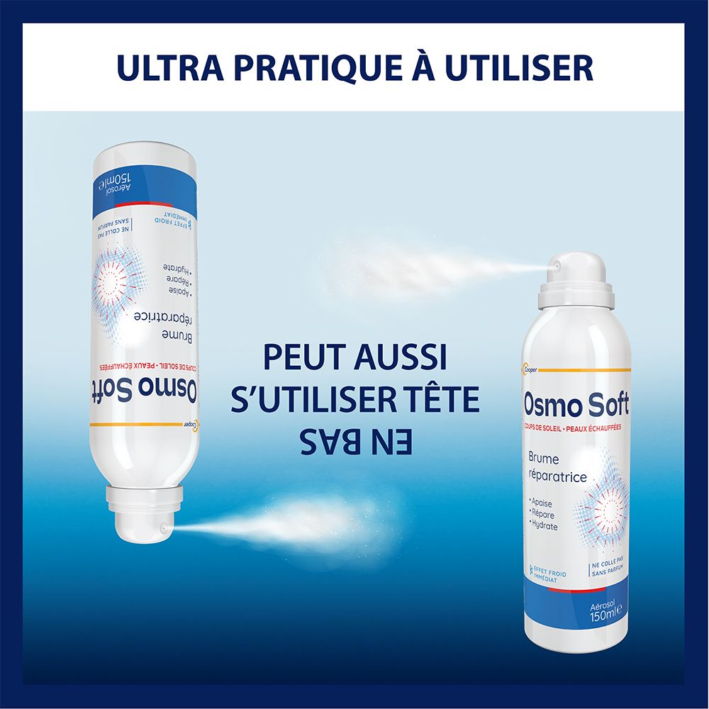 Deux flacons de Osmo Soft Brume Réparatrice. Un vaporise. Texte : « Peut aussi s'utiliser tête en bas ».