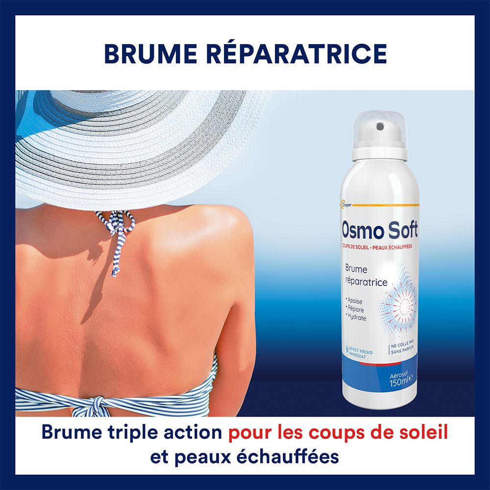 Femme avec coup de soleil dans le dos. Osmo Soft Brume Réparatrice à côté. Texte : « Brume triple action pour les coups de soleil et peaux échauffées ».