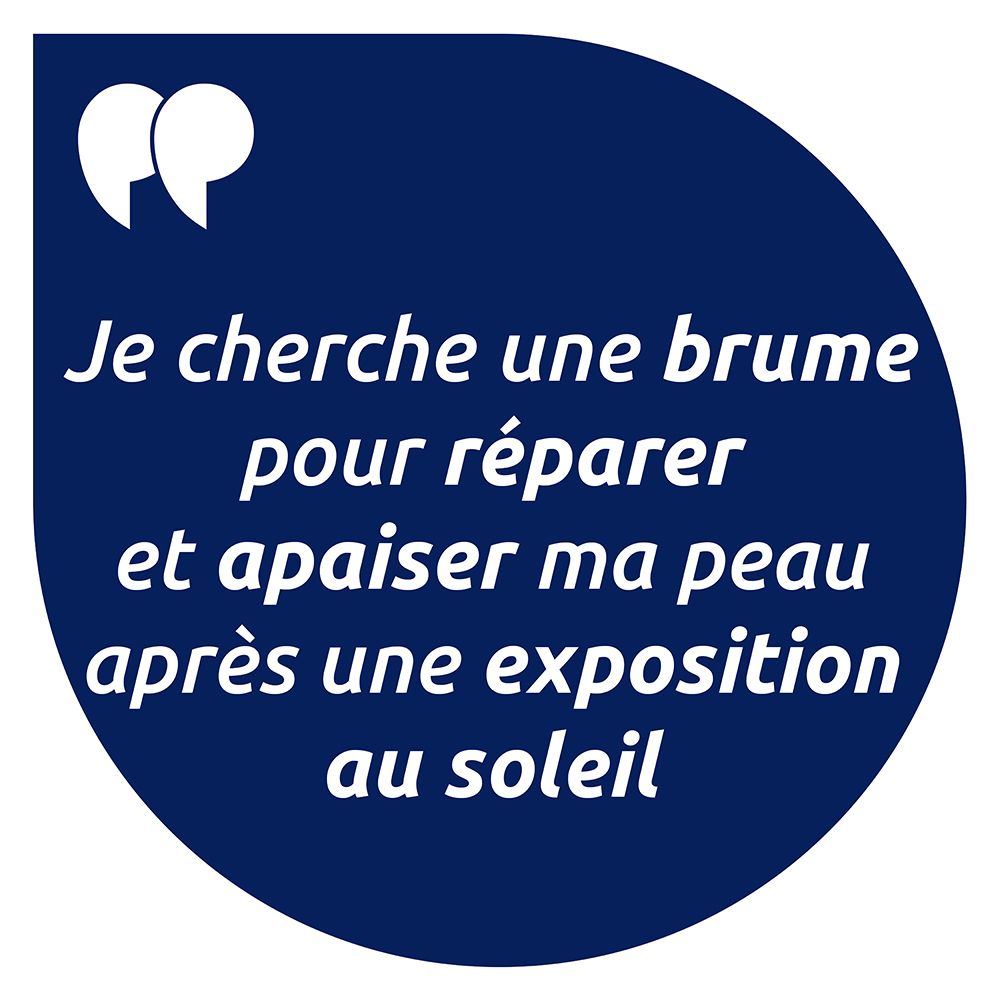 Bulle de dialogue bleue. Texte : « Je cherche une brume pour réparer et apaiser ma peau après une exposition au soleil ».